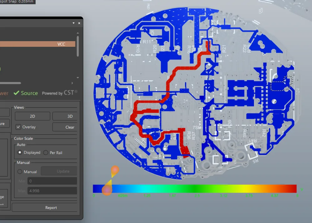 CST power delivery network simulation showing the VCC rail on a round board, with the supply path highlighted in red against blue copper pours