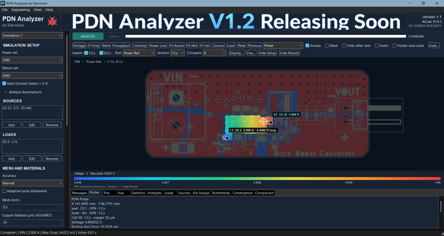 PDN Analyzer by Elecmore v1.1 analysing a buck-boost converter PCB inside KiCad: voltage overlay across the board copper, source and load definitions, probe readout and colour scale